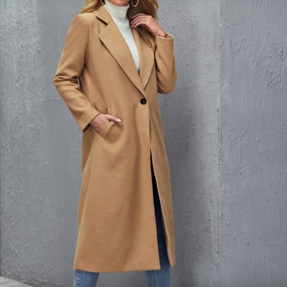 winter peacoat trench long jacket camel tan brown long line - Picture 2 of 11